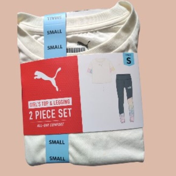 Puma Girl's Cream/Grey 2 Piece Short sleeve Top and Leggings All Day Comfort Set - Picture 2 of 3